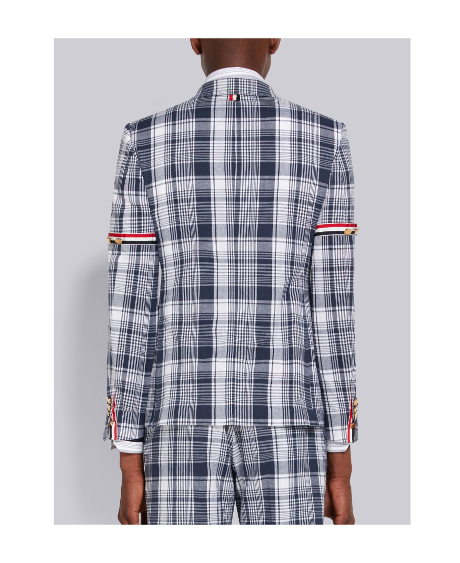 Thom Browne Navy Blue Plaid Armband Suit Jacket In Gray