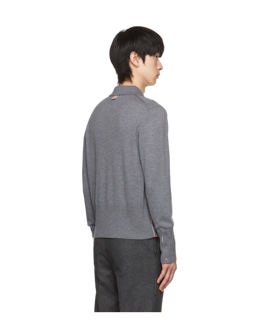 Thom Browne Tb 4bar Cuff Merino Ls Polo Gry In Gray