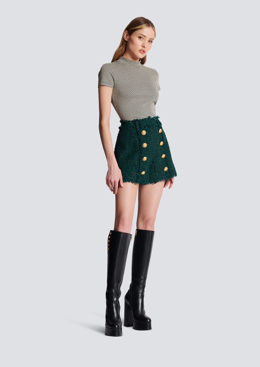 Balmain Frayed Button-embellished Bouclé Shorts In Green