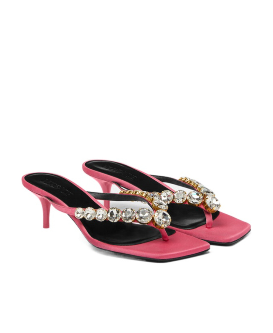 Versace T-belt Crystal High-heeled Sandals In Pink