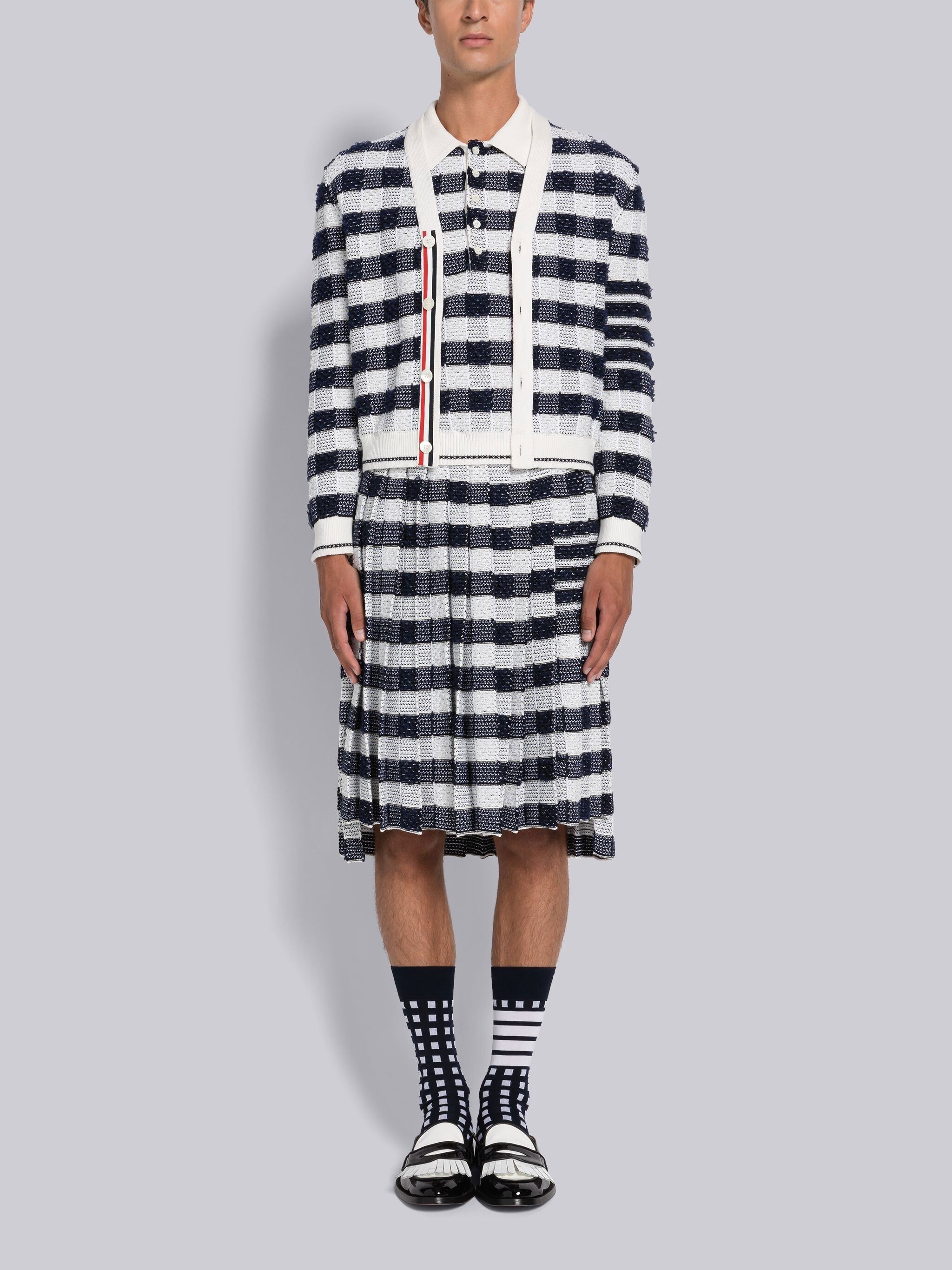 Thom Browne 4-bar Stripe Gingham-check Cardigan In White
