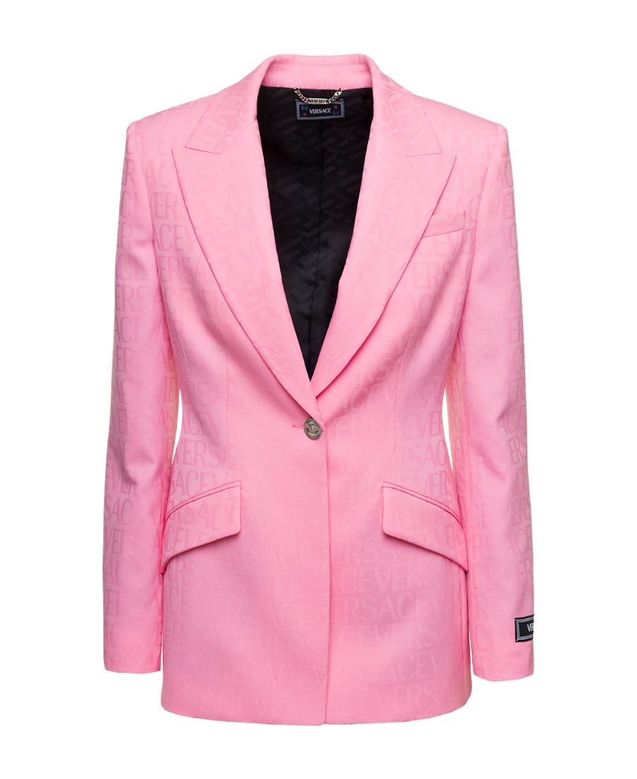 Versace Pink Single-breasted Jacket With All-over Tonal Logo Lettering Print In Pink