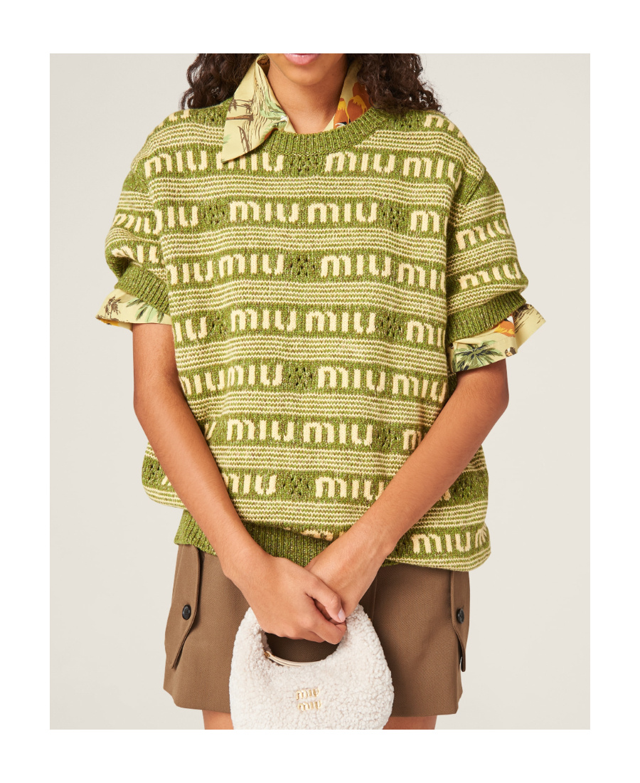 Miu Miu Logo-intarsia Striped Jumper In Green