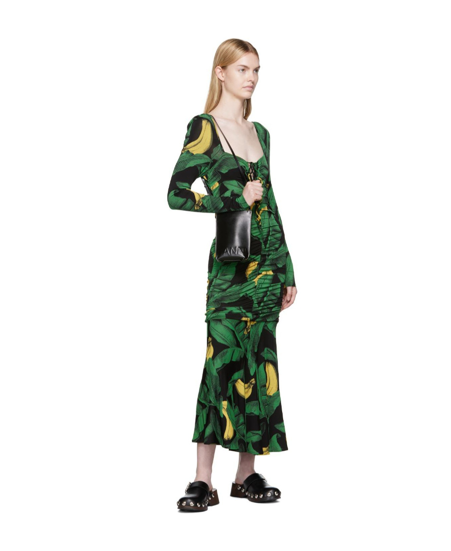 Ganni Palm Print Long Sleeve Gathered Jersey Dress In Green