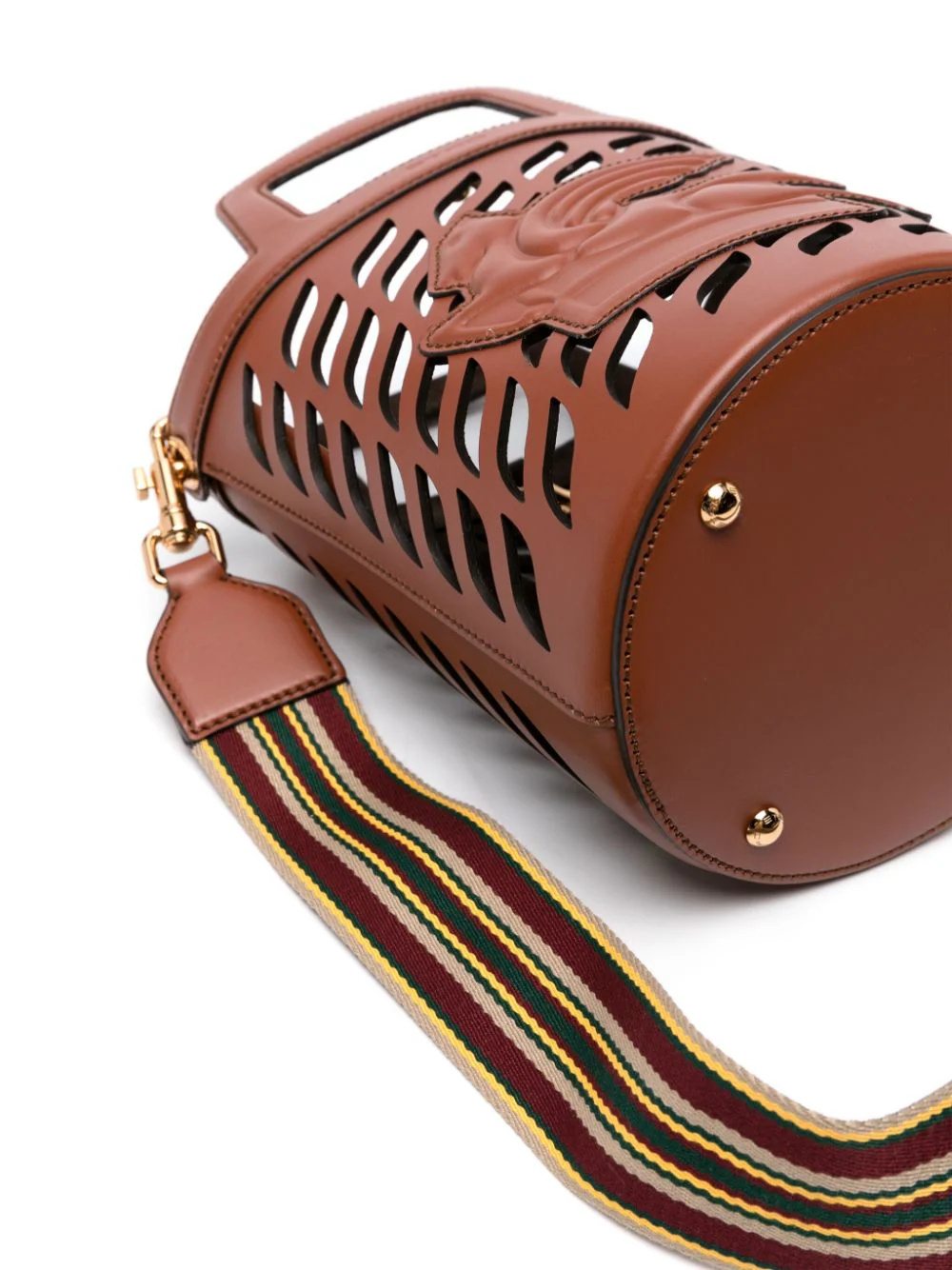 Etro Brown Bucket Bag With Multicolor Shoulder Strap And Pegasus Detail In Perforated Leather In Brown