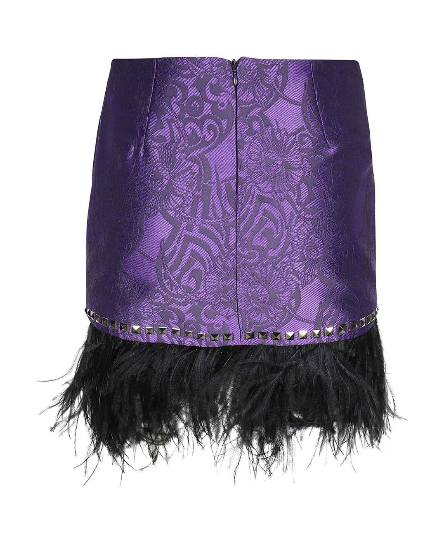 John Richmond Jacquard Feather-trimmed Mini Skirt In Purple
