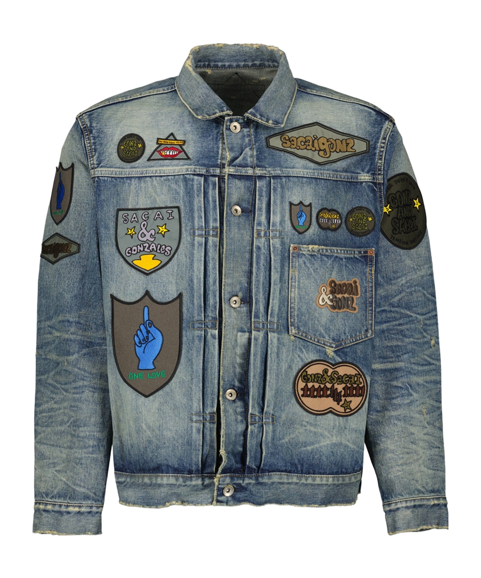 Sacai Patch-embellished Button-up Denim Jacket In Multicolor