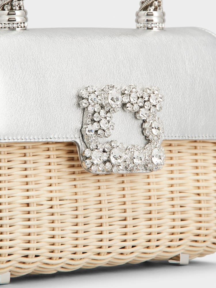 Roger Vivier Jewel Efflorescence Mini Bag In Leather And Rattan In Beige
