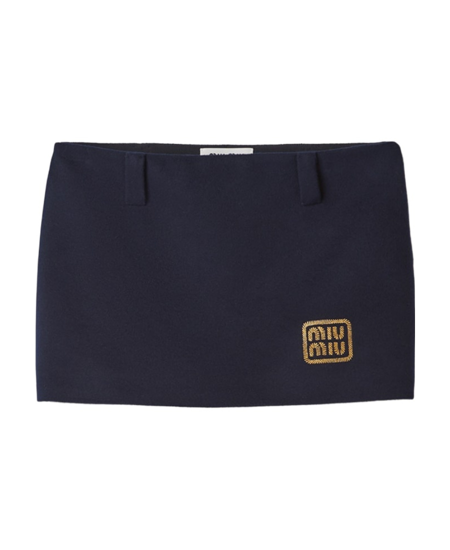 Miu Miu Woolen Skirt With Front Logo In Blue
