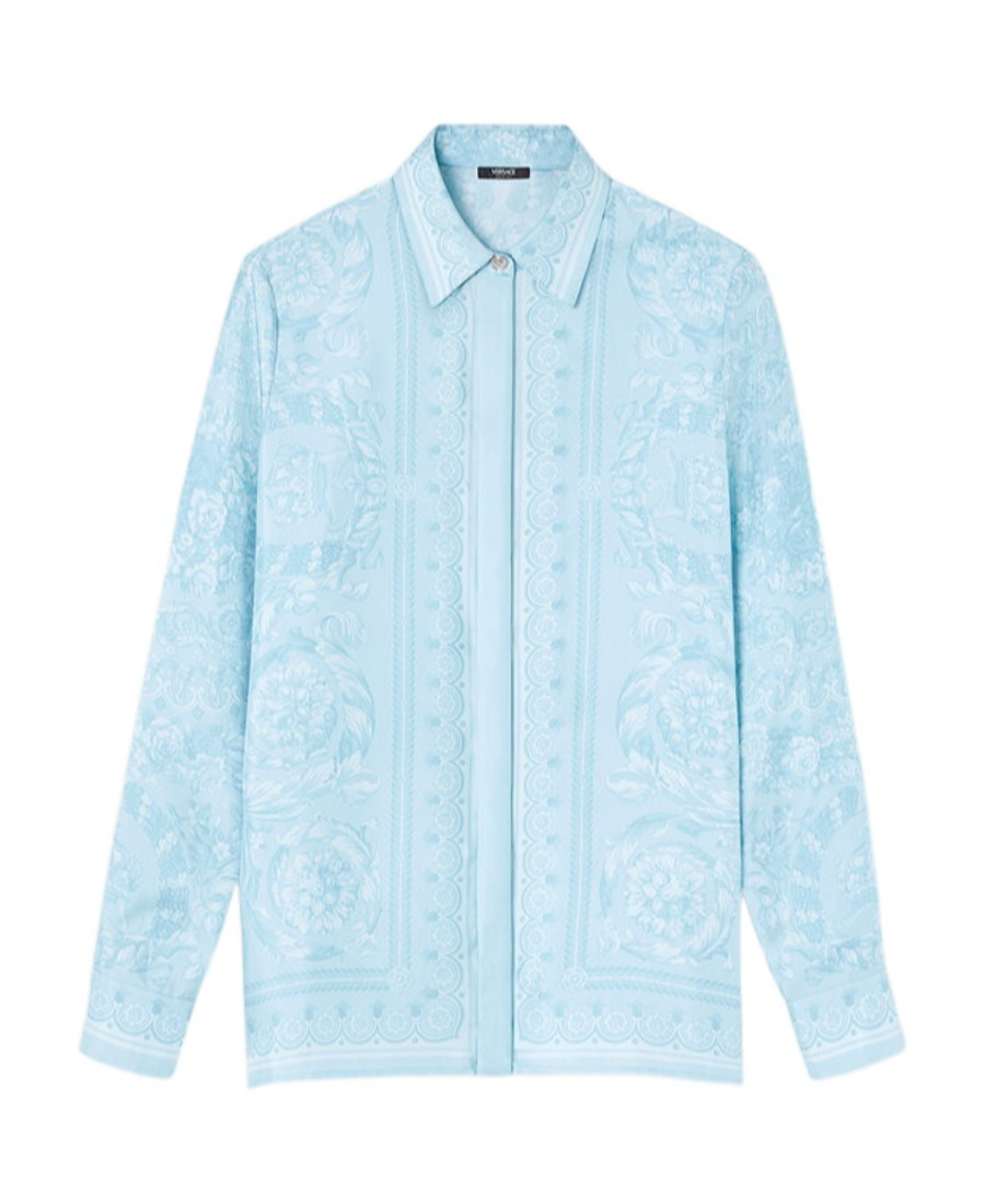 Versace Formal Shirt Silk Twill Fabric Baroque Print 92 In Blue