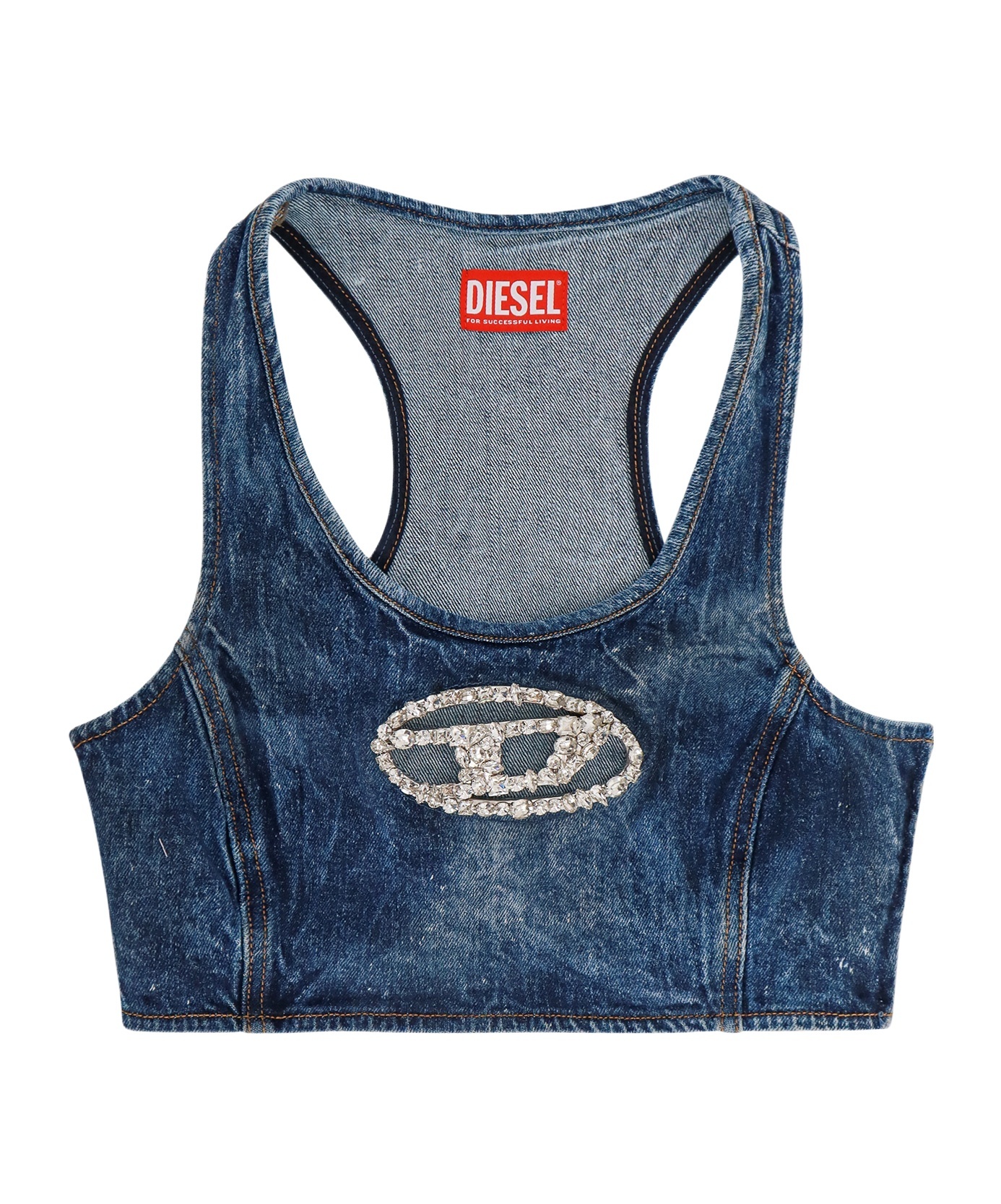 Diesel Denim Crop Top With Jewel Buckle In Blue