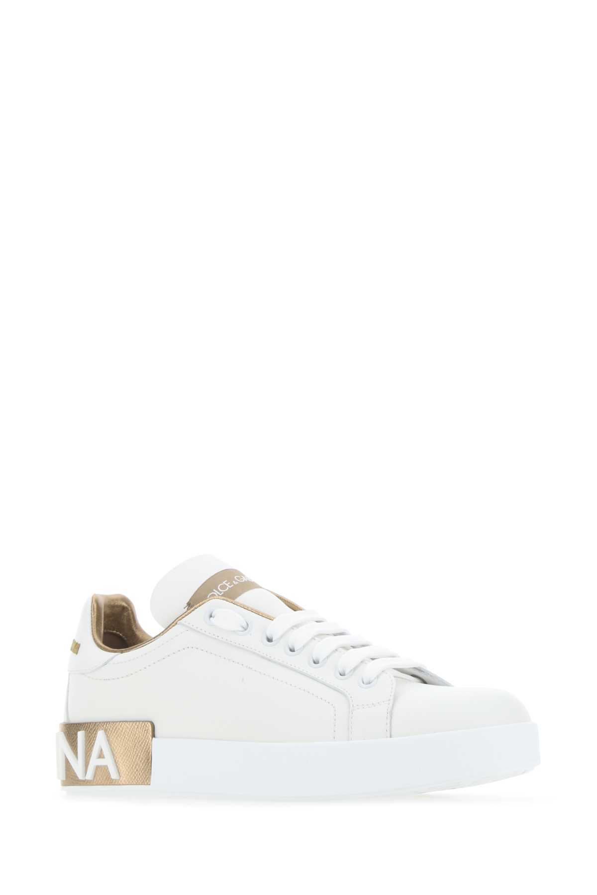 Dolce & Gabbana Portofino White And Gold Low Top Sneakers With Logo In Leather Woman In White