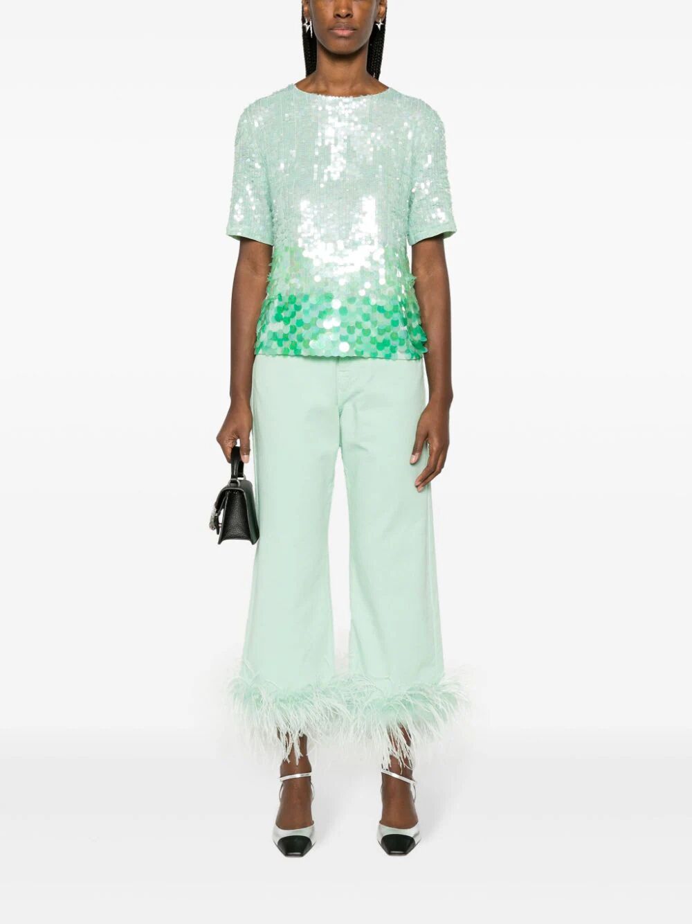 P.a.r.o.s.h Feather-trim Stretch-cotton Jeans In Green