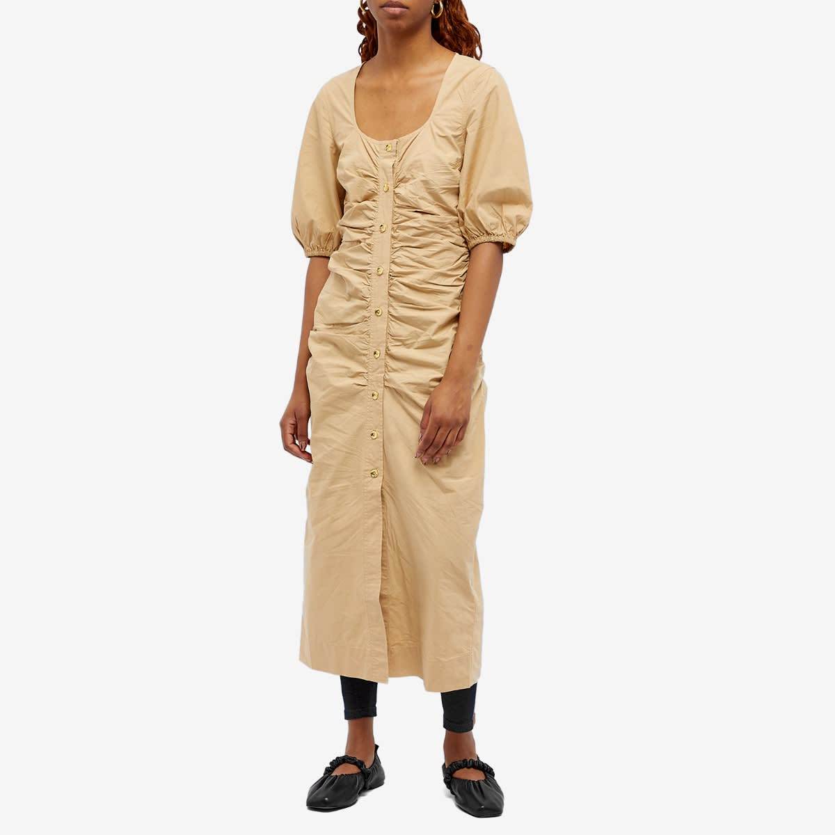 Ganni Short Sleeve Cotton Poplin Gathered Open-neck Maxi Dress In Nude