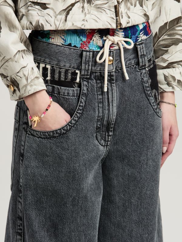 Palm Angels Monogram-pattern Wide-leg Jeans In Black