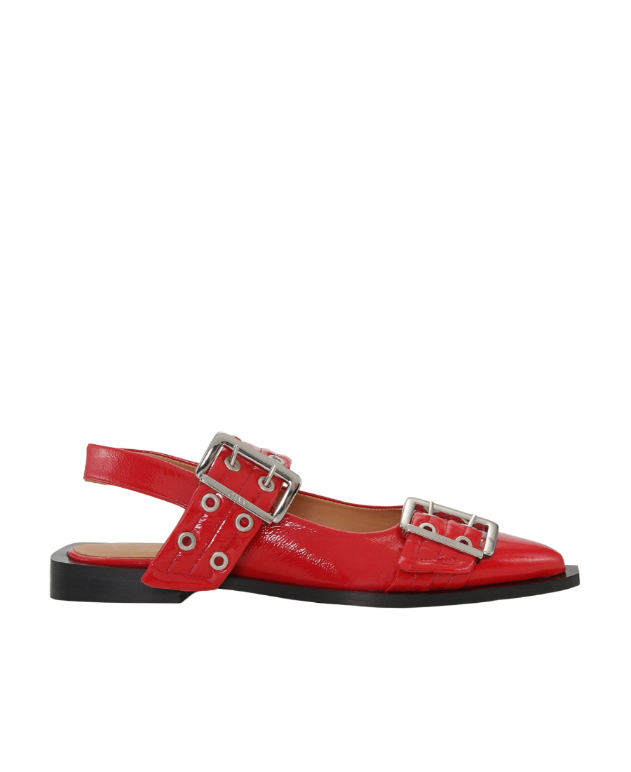 Ganni Red Wide Welt Buckle Ballerina Flats In Red