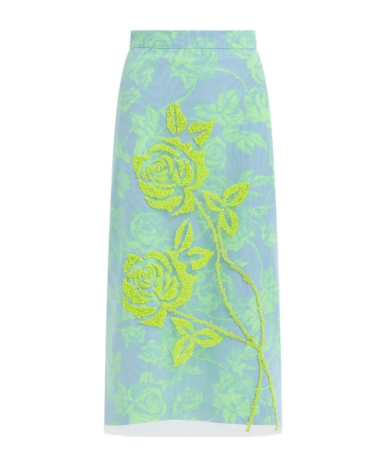 Essentiel Antwerp Light Blue And Mint Green Tule Midi Skirt With Sequin Floral Embroideries In Green