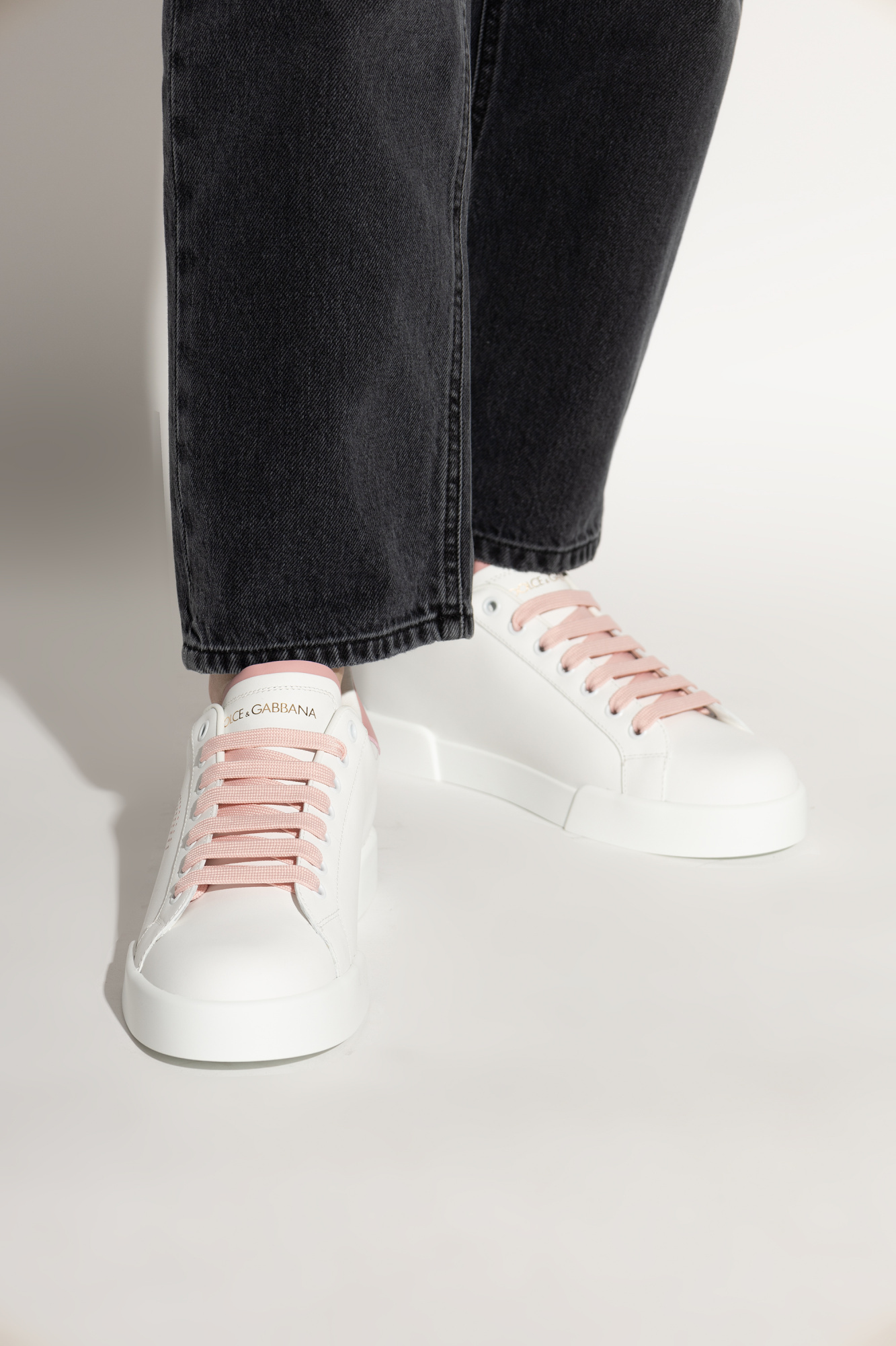 Dolce & Gabbana Portofino Low-top Leather Sneakers With Lateral Monogram In Pink