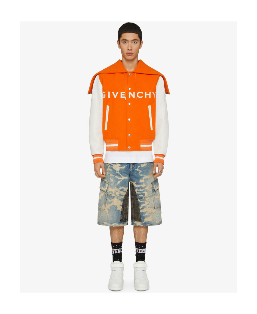 Givenchy Mixed Media Logo Wool Blend Varsity Jacket In Orange