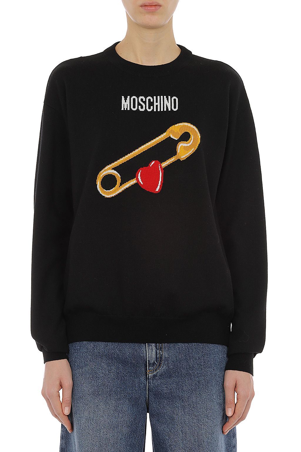 Moschino Black Intarsia Heart Safety Pin Sweater In Black