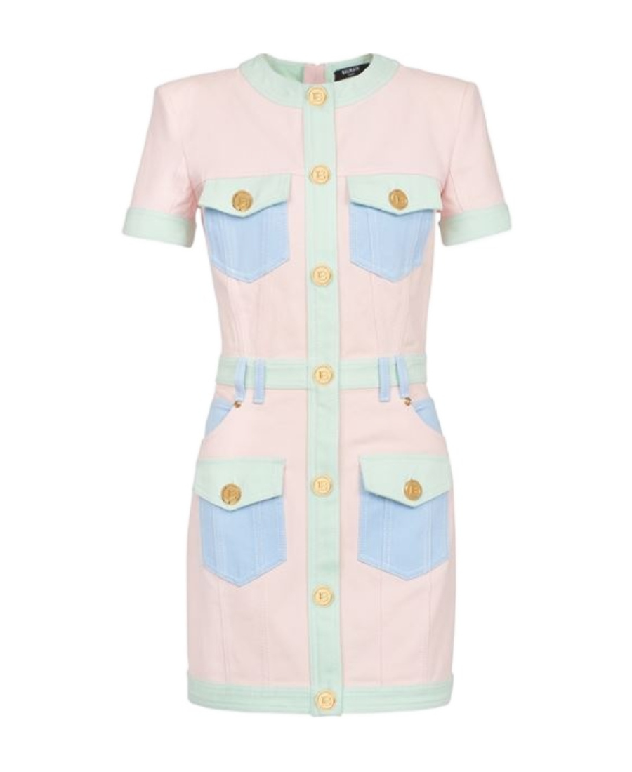 Balmain Multi-panel Short-sleeve Denim Dress In Pink