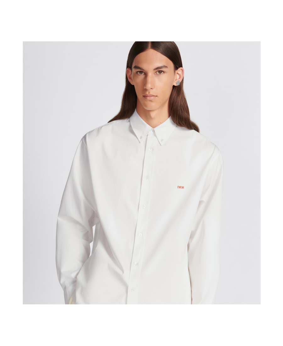 Dior Button-down Collar Poplin Cotton Shirt With Embroidered Logo In White
