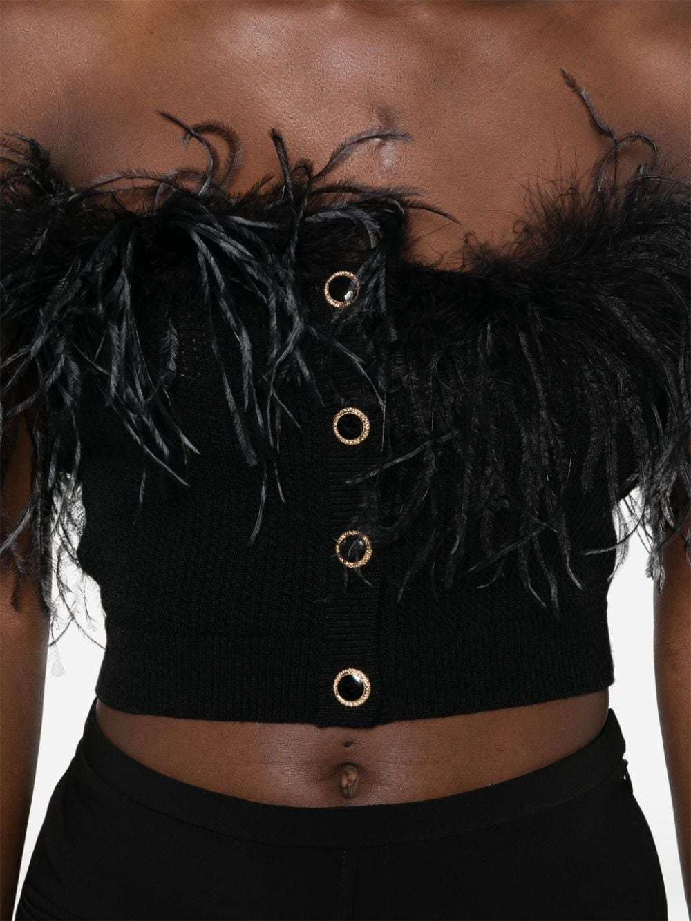 Alessandra Rich Feather-accented Wool Top With Button Detail And Sophisticated Design In Black