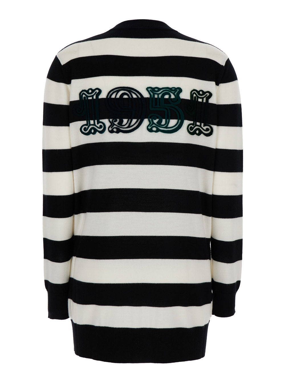 Max Mara Striped Wool Cardigan With V-neck And Flock Motif In Black