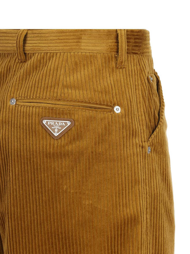Prada Enamel Triangle-logo Corduroy Trousers In Brown