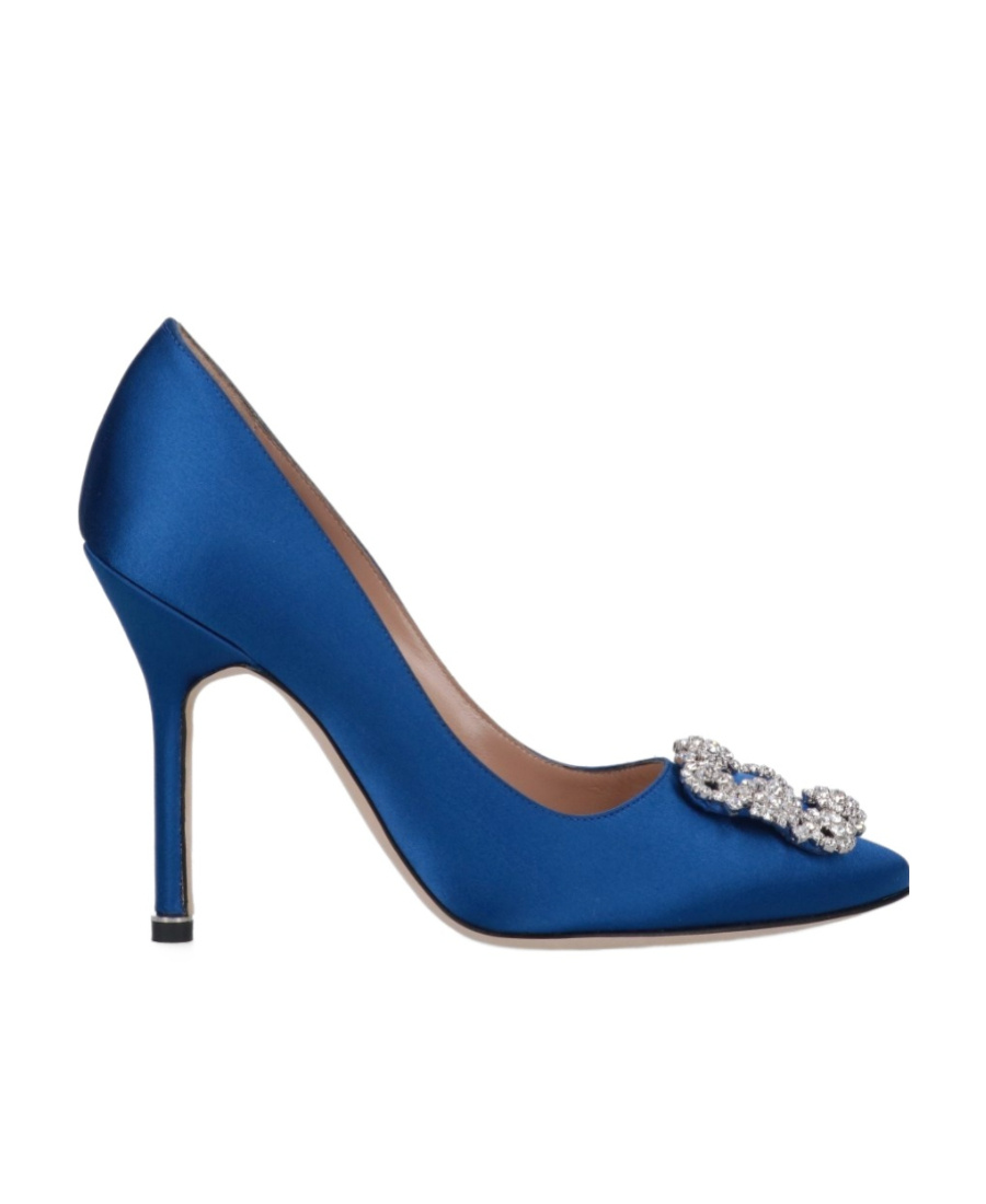 Manolo Blahnik Satin Hangisi 105 Pumps With Jewel Embellishment In Blue
