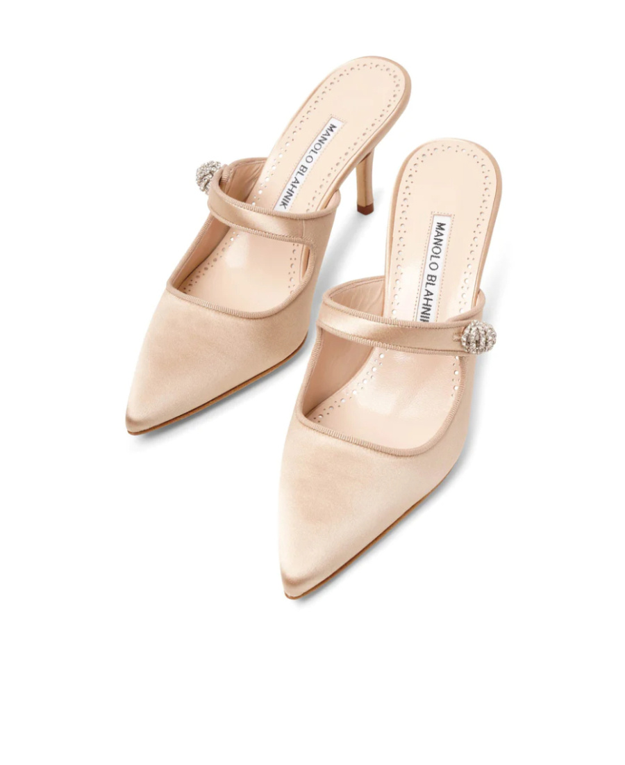Manolo Blahnik 70mm Camparimu Satin Mules In Nude
