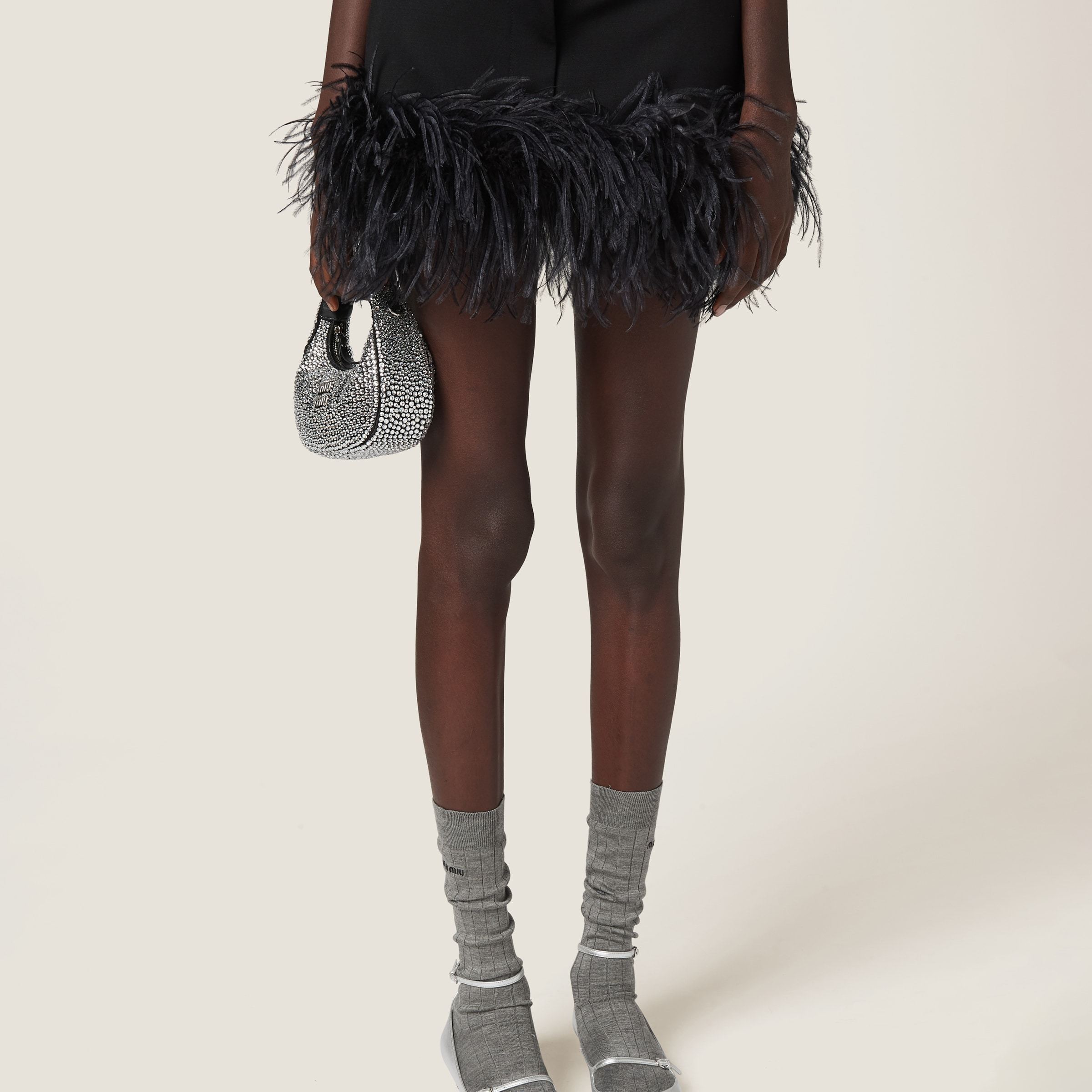 Miu Miu Feather-trimmed Grain De Poudre Miniskirt In Black