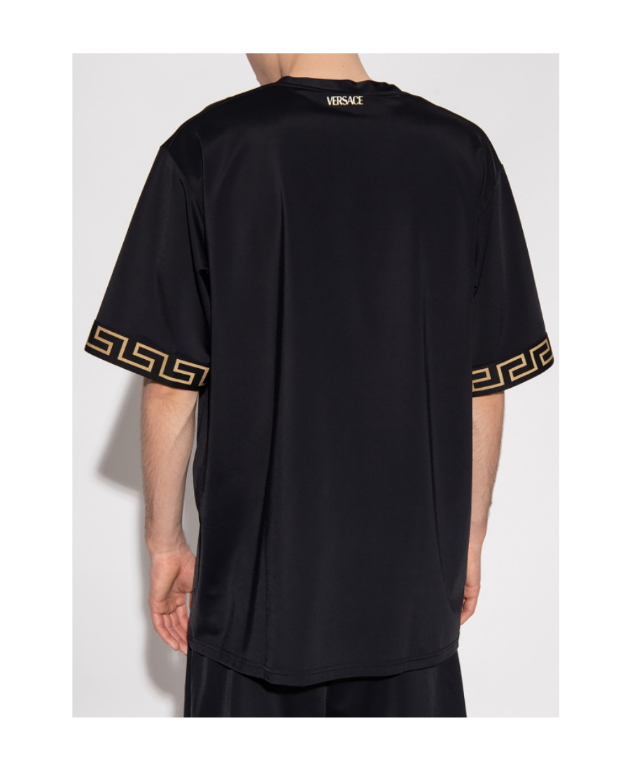 Versace Black Crewneckt-shirt With Contrasting Greca Motif In Stretch Polyamide Man In Black