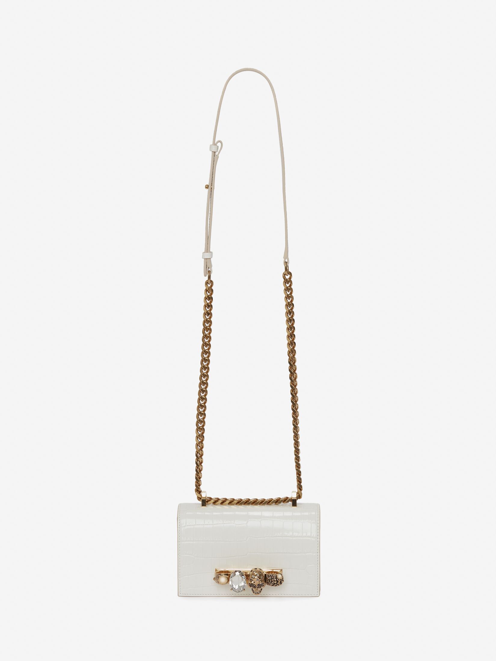 Alexander Mcqueen Mini Jeweled Croc Embossed Shoulder Bag In White