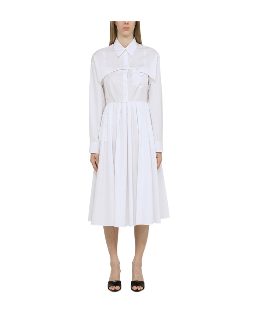 Prada Pleated-skirt Poplin Shirtdress In White