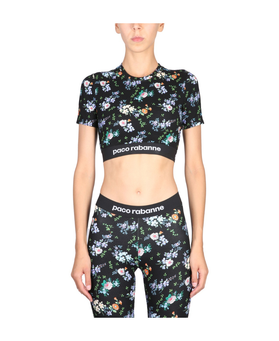 Shop Rabanne Paco Paint-splatter Print Logo-band Crop Top In Black