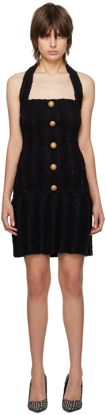 Balmain Embellished Pleated Tweed Halterneck Mini Dress In Pa Noir