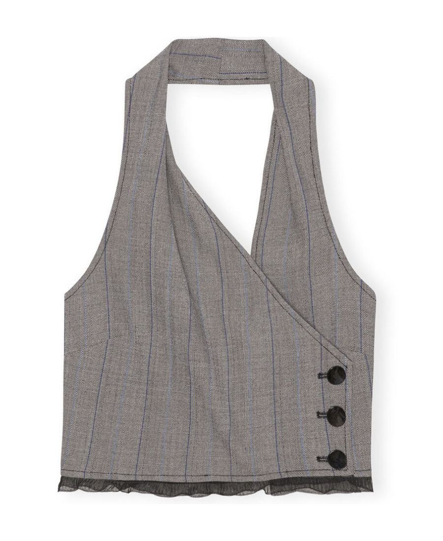 Ganni Herringbone Halter Suiting Vest In Gray