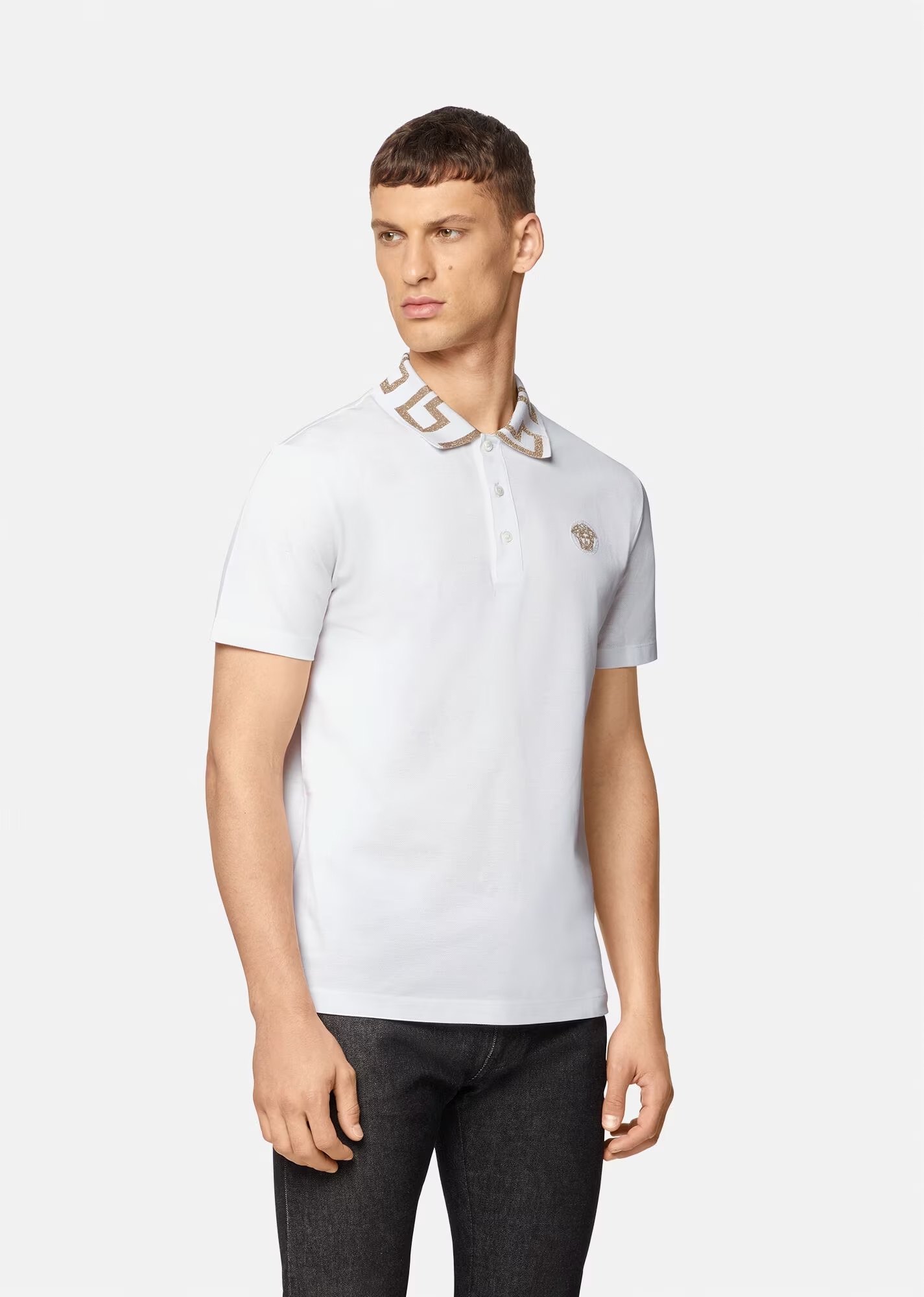 Versace Men Greca Polo Shirt With Short Sleeves In White