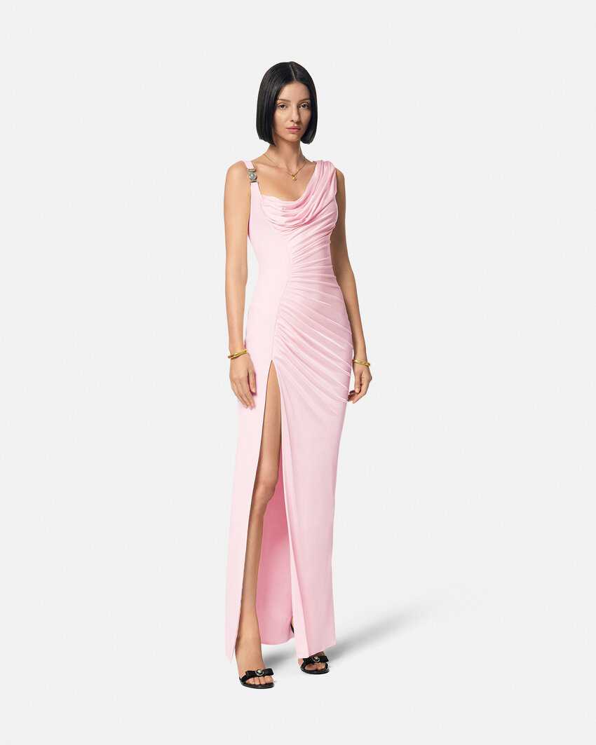 Shop Versace Logo-plaque Maxi Dress In Light Pink