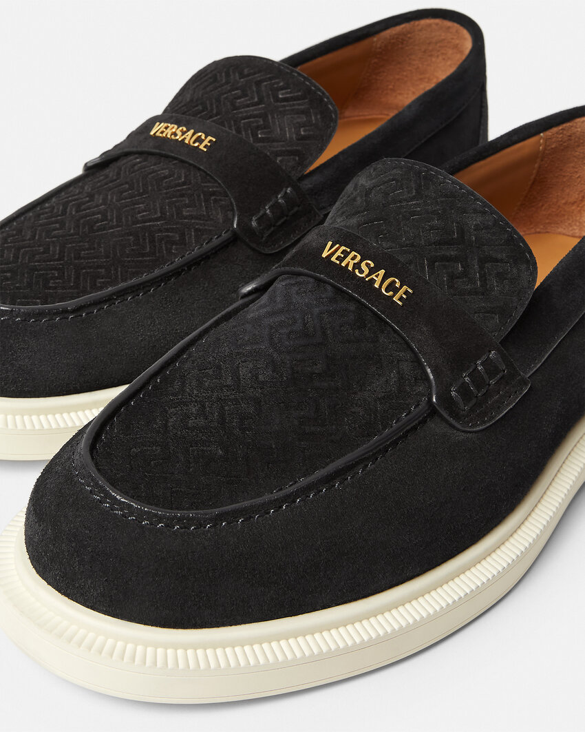 Versace Suede Greco Monogram Loafers In Black