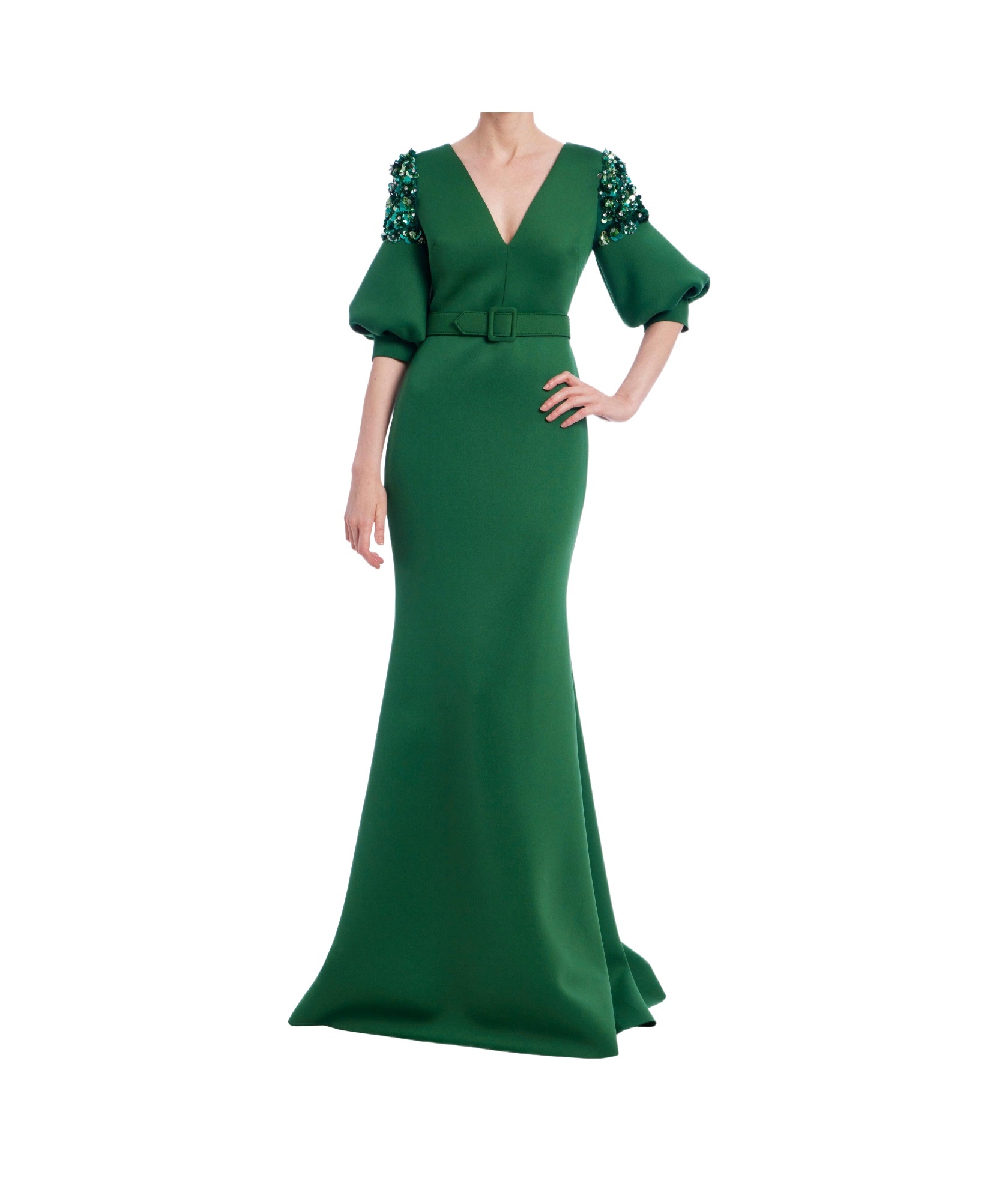 Badgley Mischka Collection Embellished Short Sleeve Mermaid Gown In Green