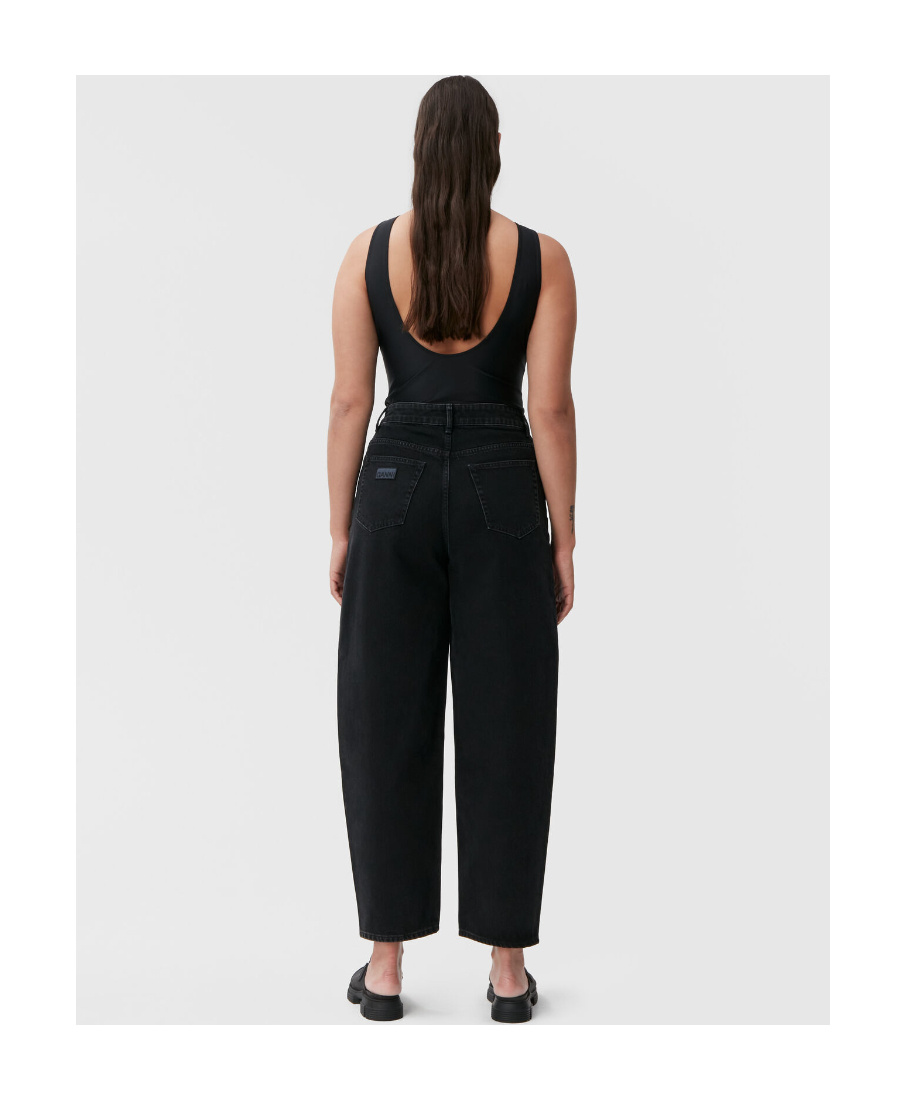 Ganni Black Pants With High Waist And Logo Patch On The Rear In Cotton Woman In Black
