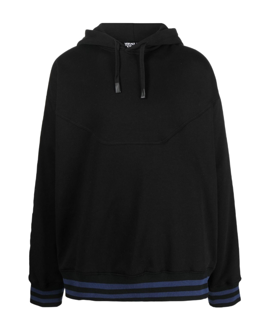 Versace Jeans Logo-print Striped-trim Hoodie In Black