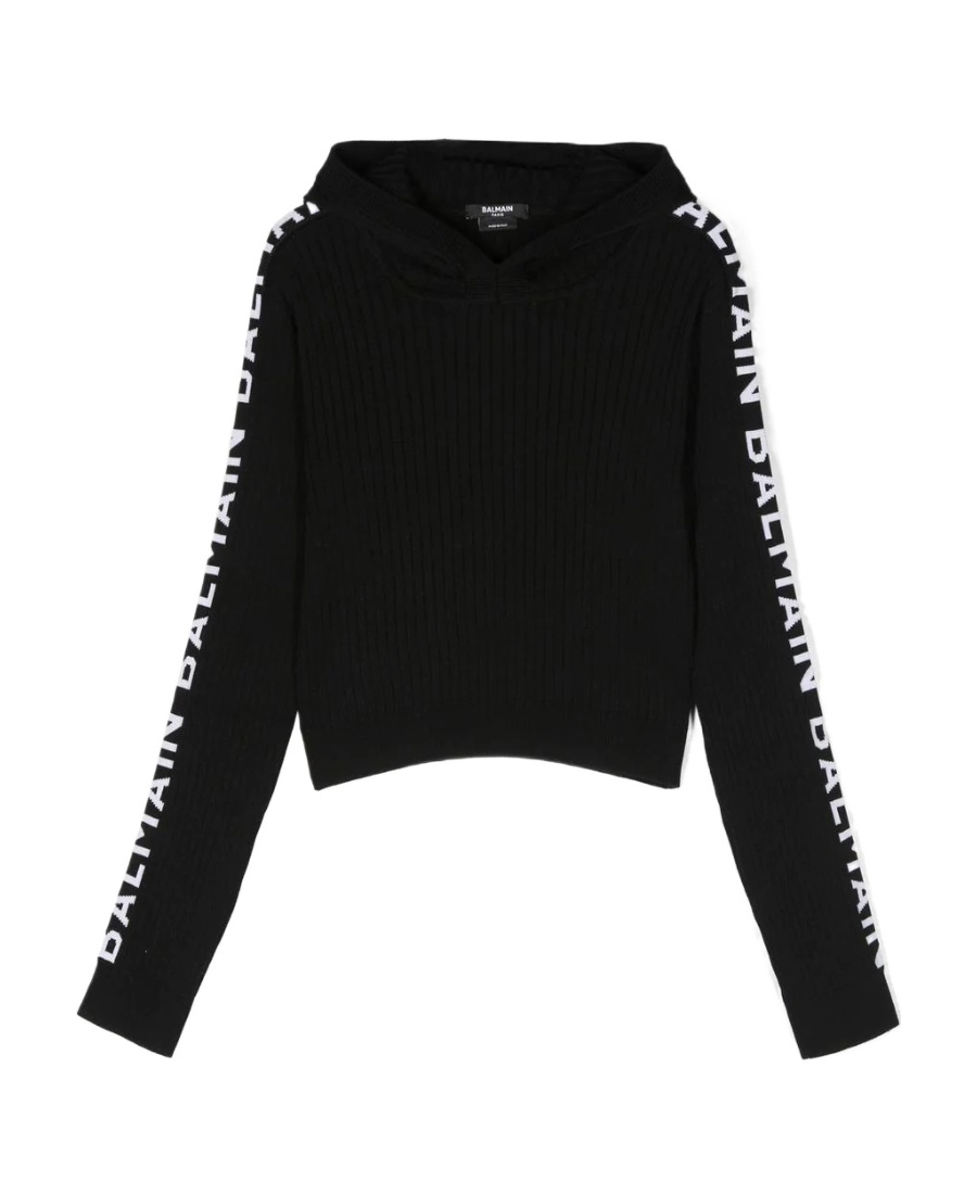 BALMAIN RIBBED LOGO-KNIT COTTON HOODIE