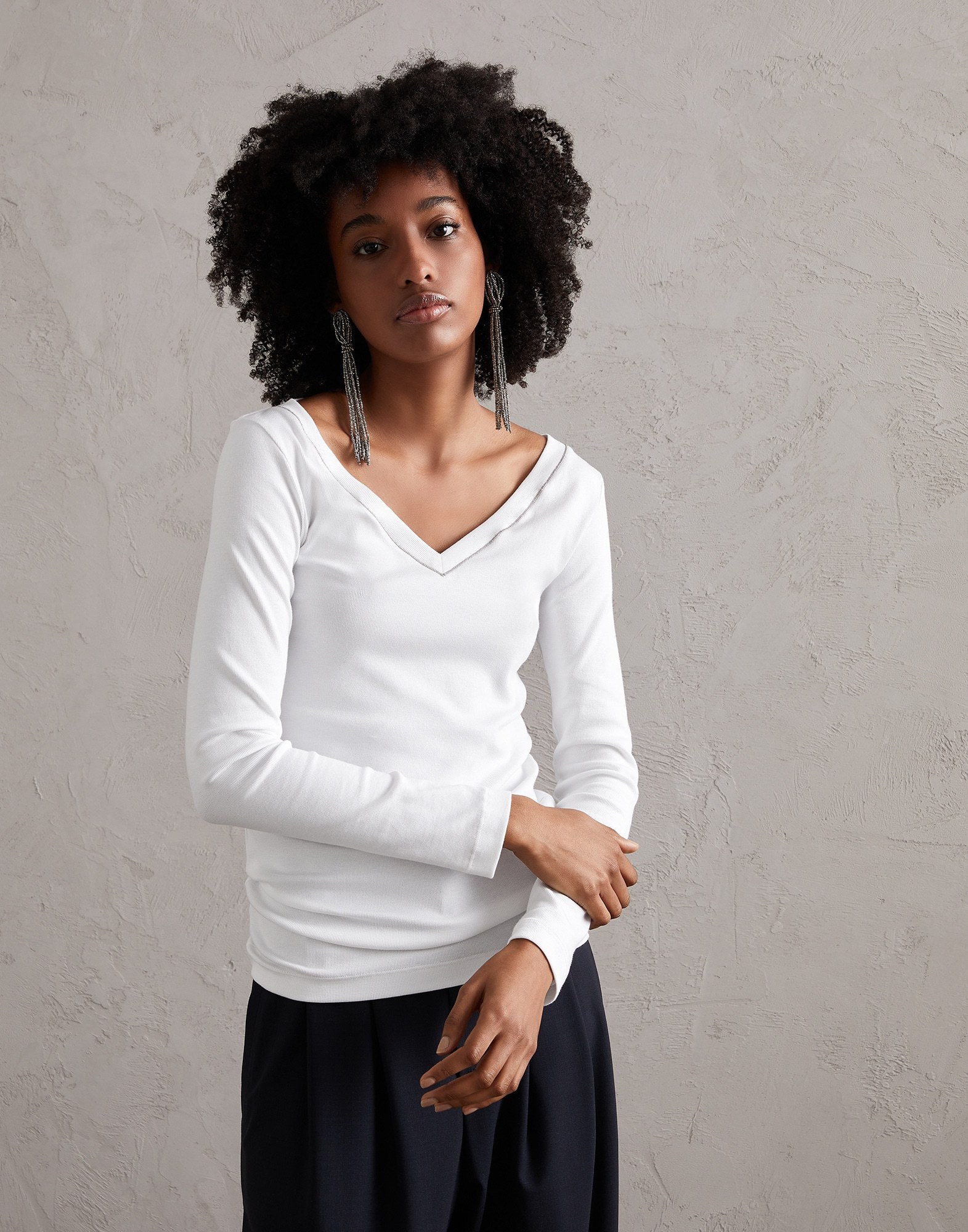 Brunello Cucinelli White V-neck Pullover With Beads Detailing In Stretch Cotton Woman Brunello Cucin In White