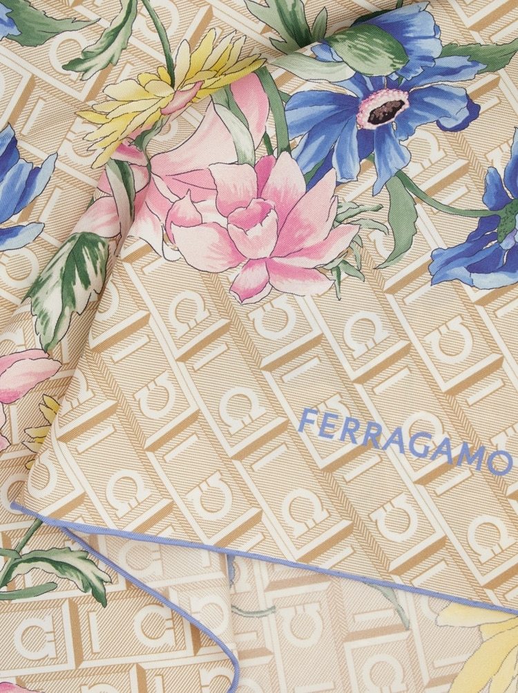 Ferragamo Floral Printed Silk Scarf In Nude