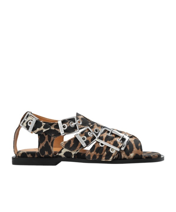 Ganni Feminine Buckle Flat Strap Sandals Leopard In Black