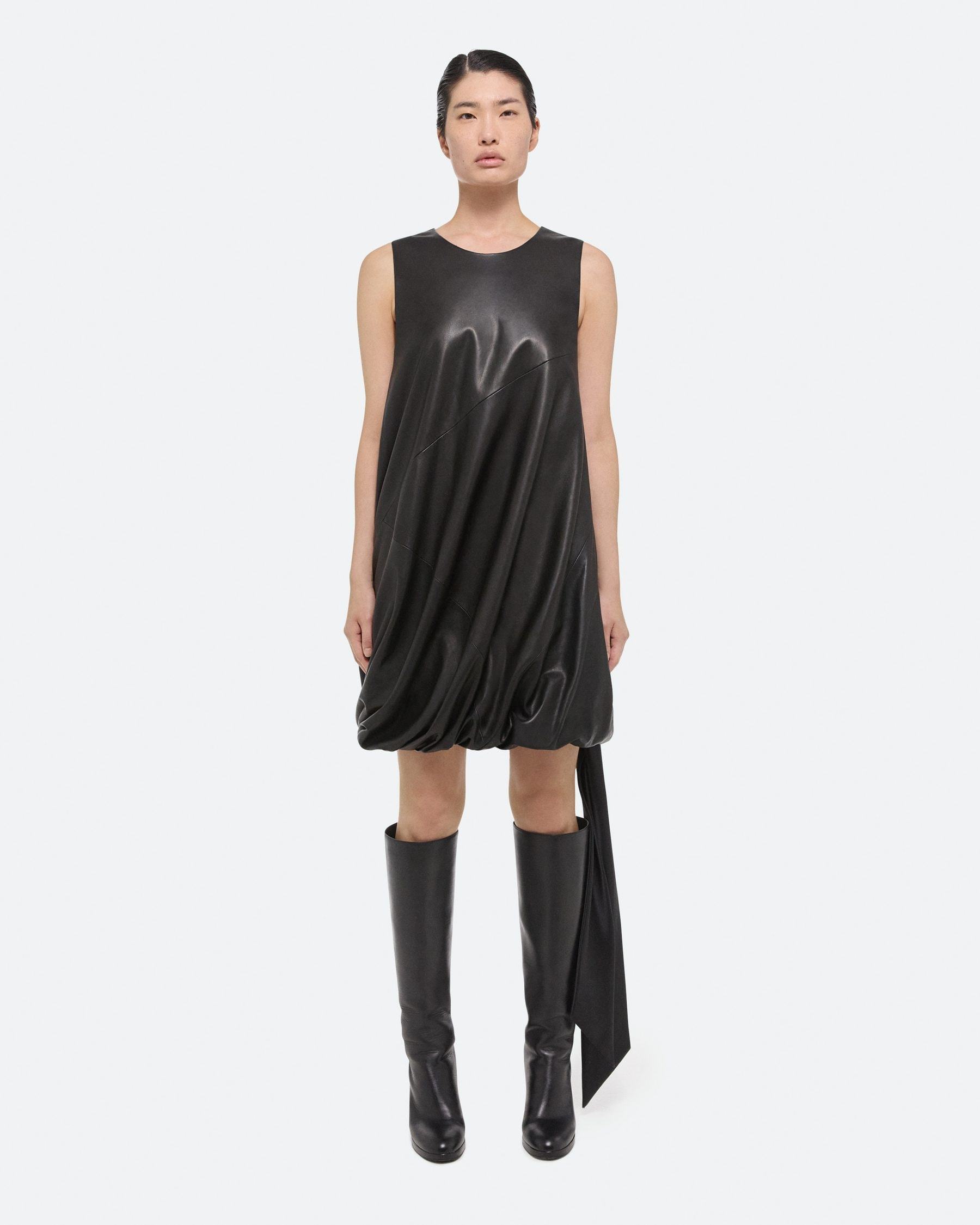 Helmut Lang Leather Puffball Minidress In Black