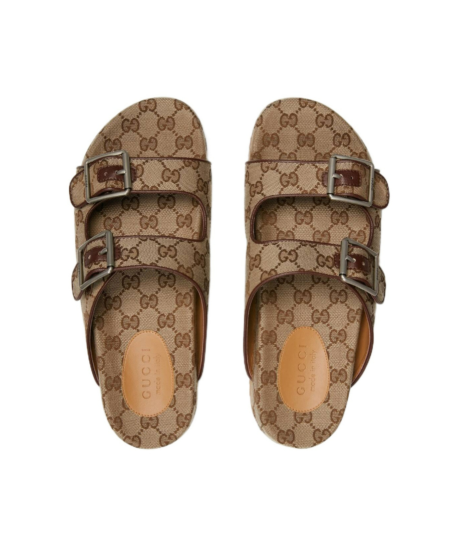 Gucci Men's Sideline Monogram Slide Sandals In Brown
